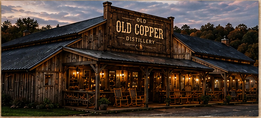 Rustic Old Copper Distillery building at dusk